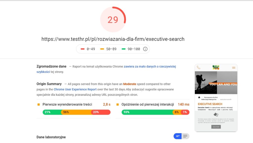 screen z wynikami testów pagespeed na stronie z pierwszej pozycji wyników wyszukiwania moovi