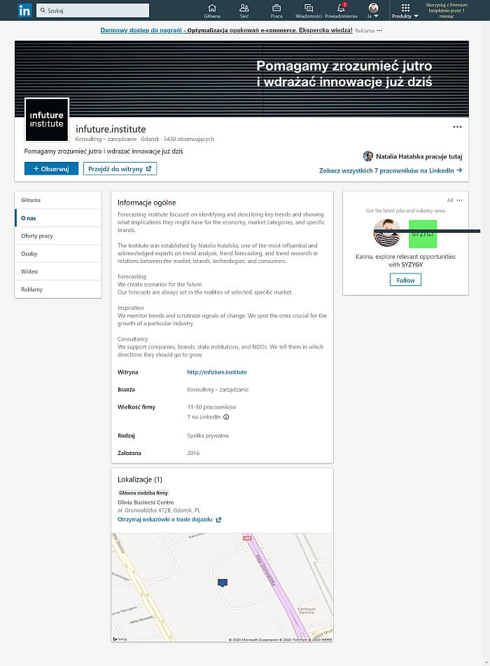 strona firmowa linkedin przyklady o nas