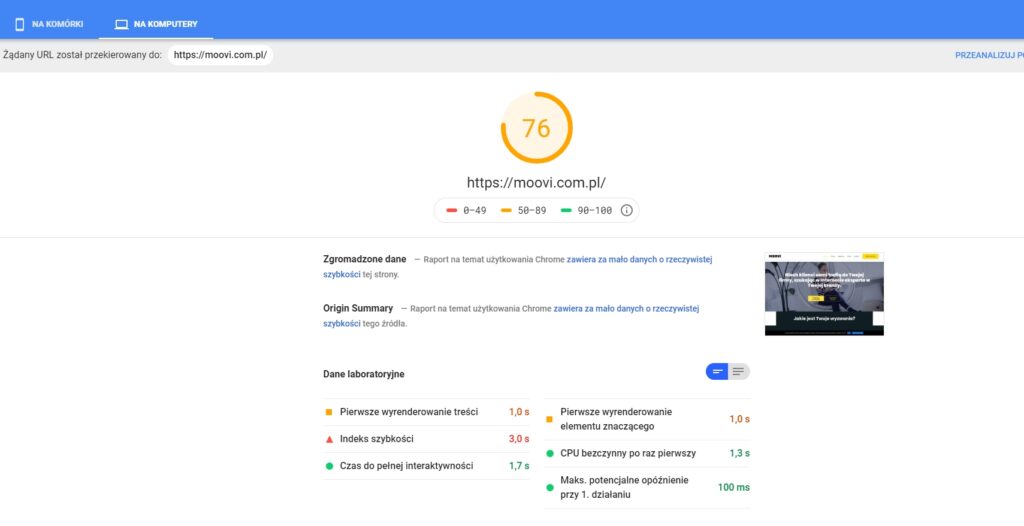 strony internetowe dla firmy szybkość strony Moovi.com.pl, narzędzie Pagespeed Google