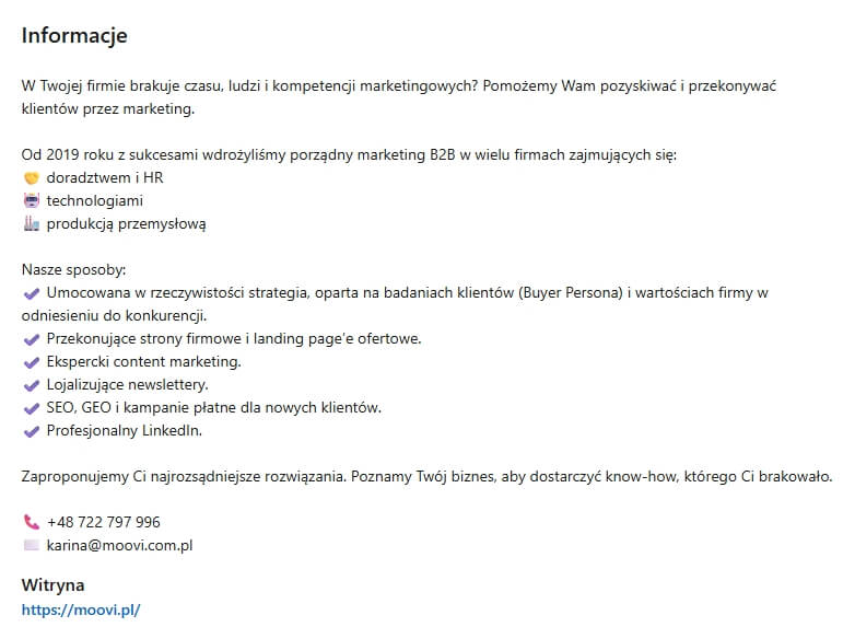 LinkedIn profil firmowy informacje przykład Moovi