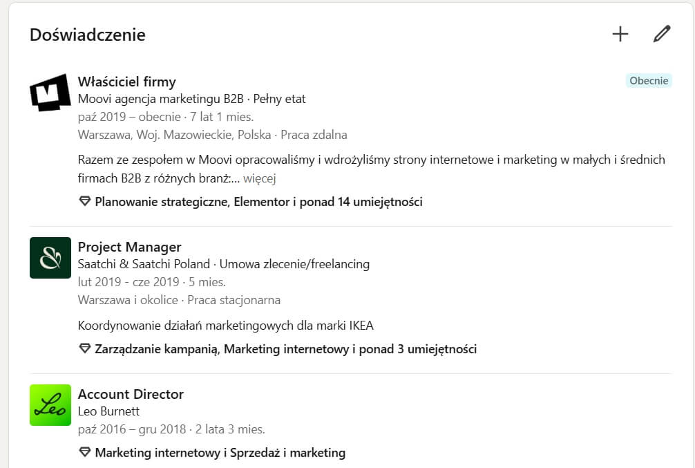 LinkedIn profil osobisty Doświaczenie przykład Moovi
