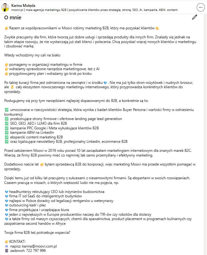 LinkedIn profil osobisty O mne przykład Moovi
