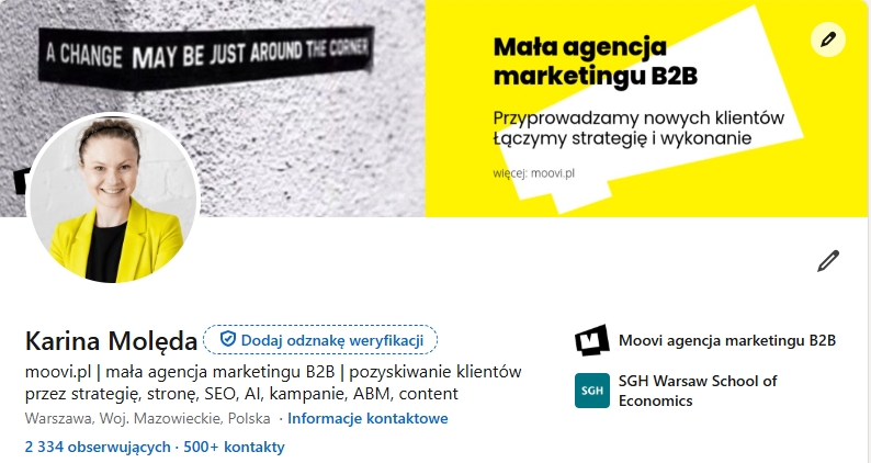 LinkedIn profil osobisty nagłówek przykład Moovi